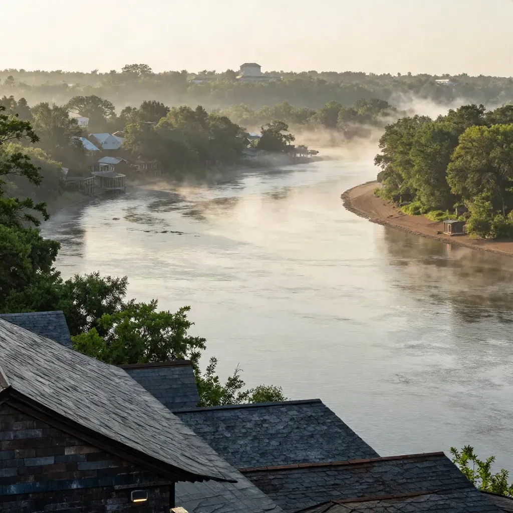 Foggy Chattahoochee River bend with mill rooftops and trees at sunrise