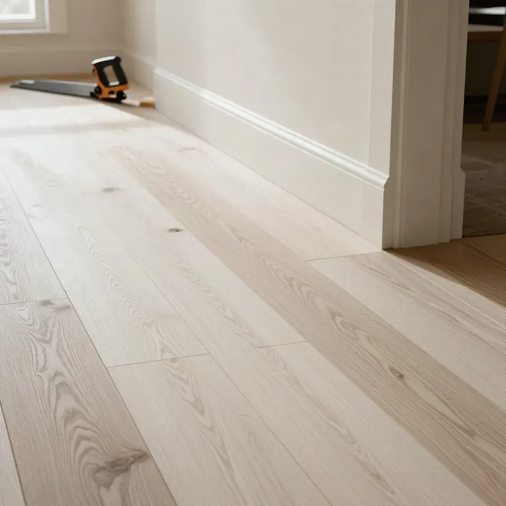White-oak floor install with spacers and sawdust in a bright great room