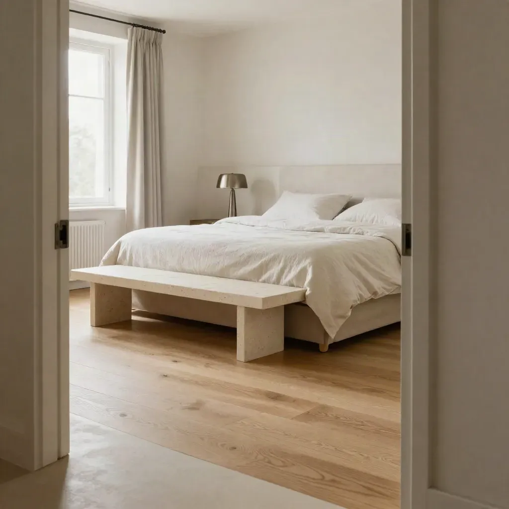 Engineered oak bedroom suite with flush doorway transition and pale stone bench.