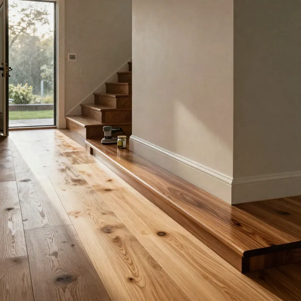 Hardwood entry hall with oak planks, walnut floor, stair treads and sanding gear after rain.
