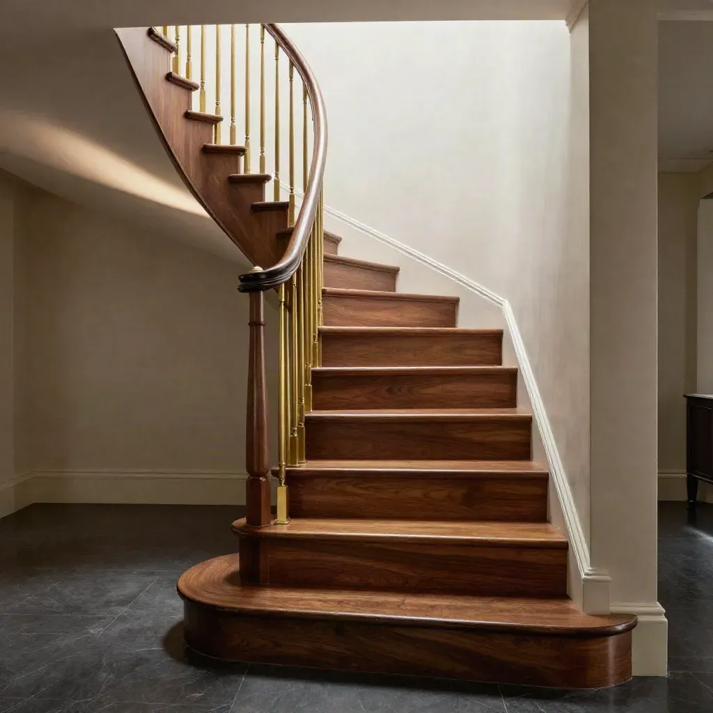 Walnut stair treads and landing boards with pale risers, brushed gold detail, low dramatic light.