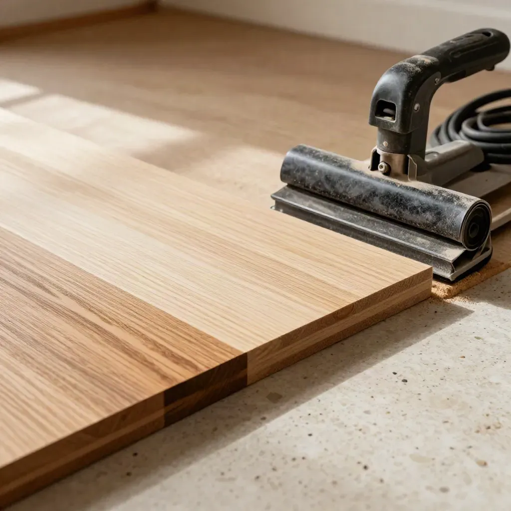 Macro of maple floor sanding with stain test patches and a parked edger