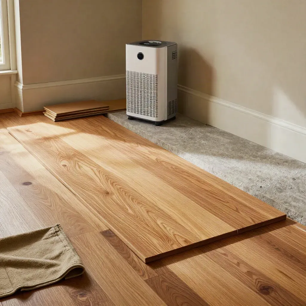 Cupped oak floor repaired beside a dehumidifier in a damp lake-house corner.