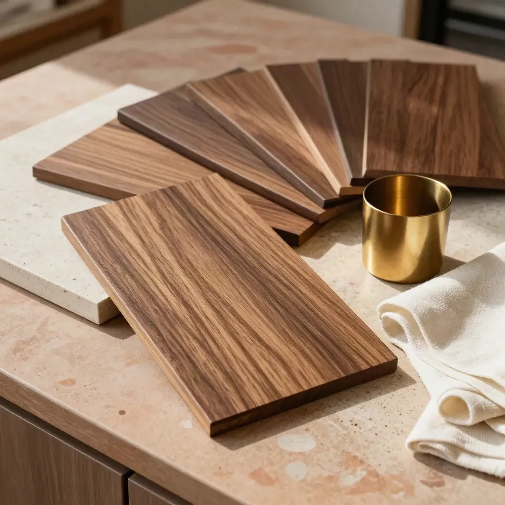 Stain boards, cabinet trim, stone chips and finish cup on a terracotta work surface.