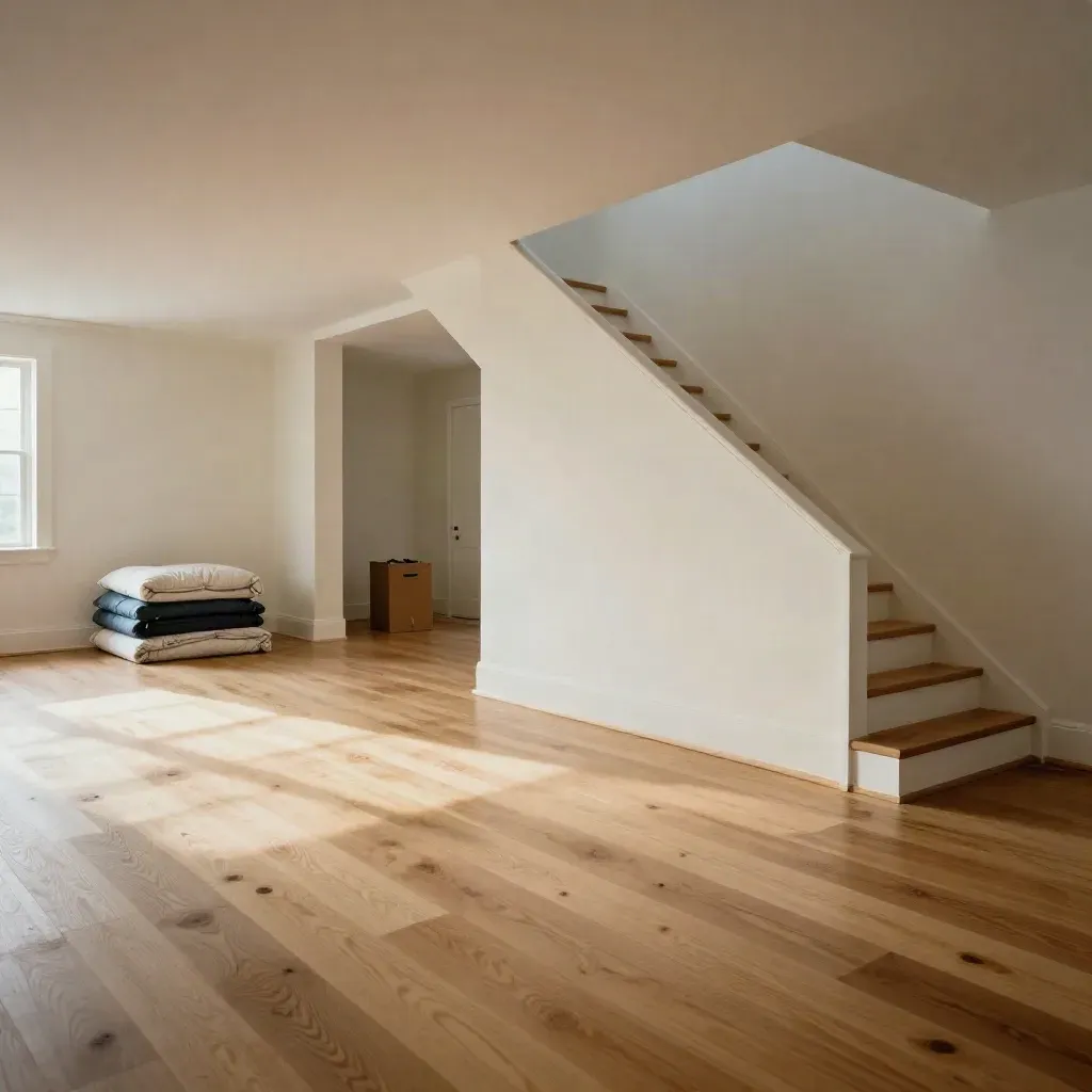 Empty new-build great room with fresh oak floors and wrapped stair opening, move-in ready.