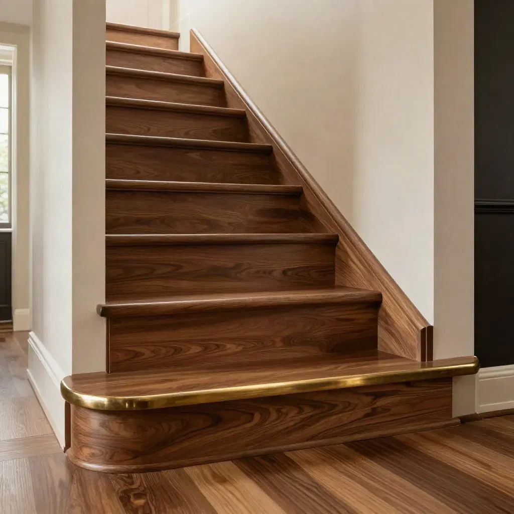 Finished walnut townhome floor flowing into matching stairs and trim in soft late-day light