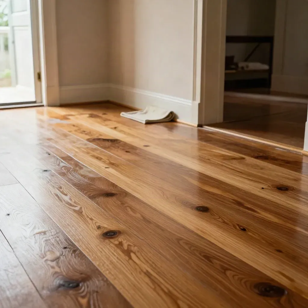 Freshly sealed maple floor in a restored living room, glowing by a doorway with plaster walls.