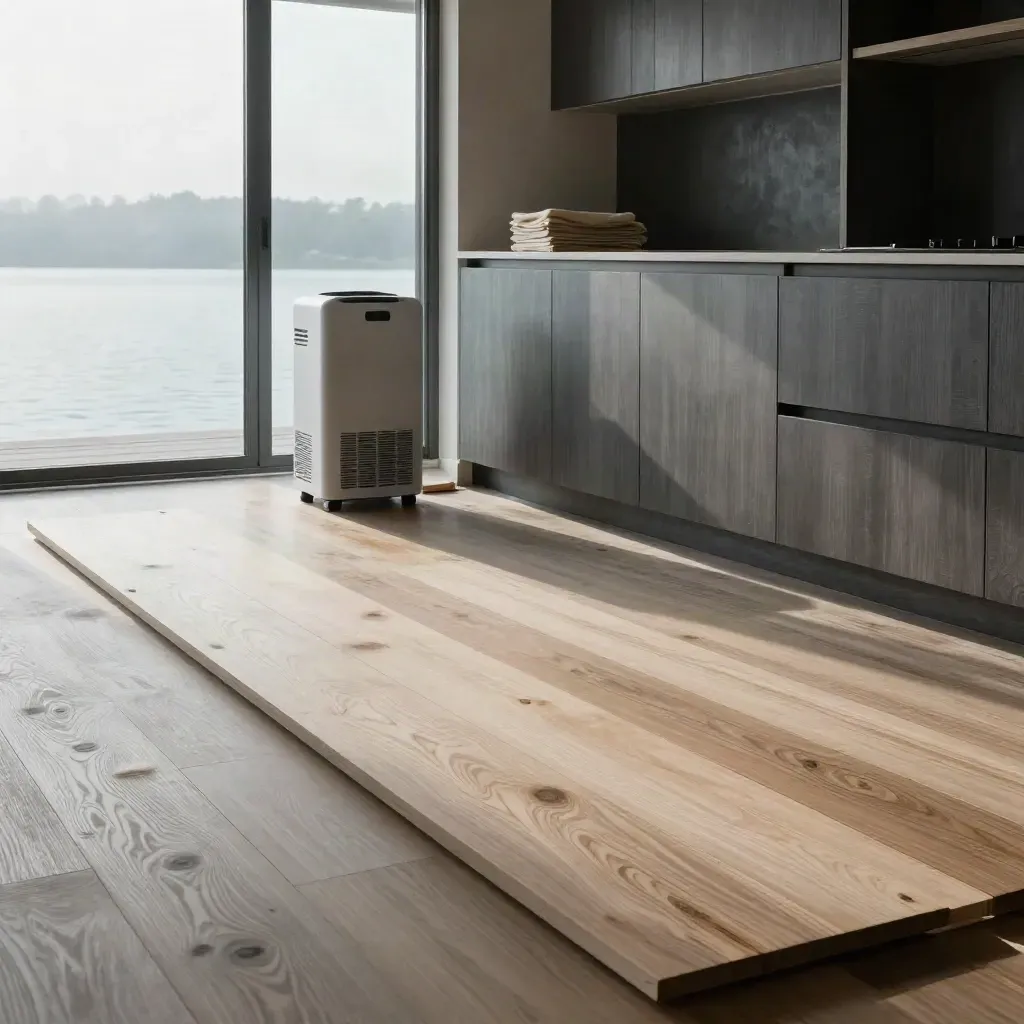 Repaired oak floor in a lake house great room with a dehumidifier and water beyond glass.