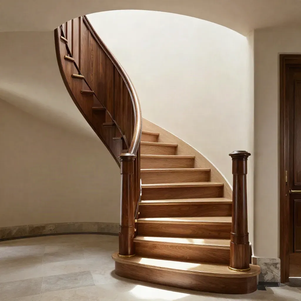 Luxury matched hardwood stair run turning into an upper hall, gold accents and runner roll