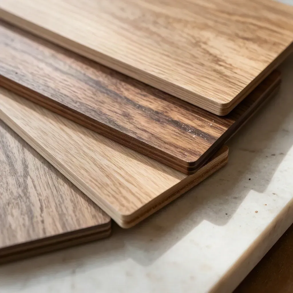 Macro fan deck of oak, maple and walnut finish samples on travertine, walnut chip highlighted.