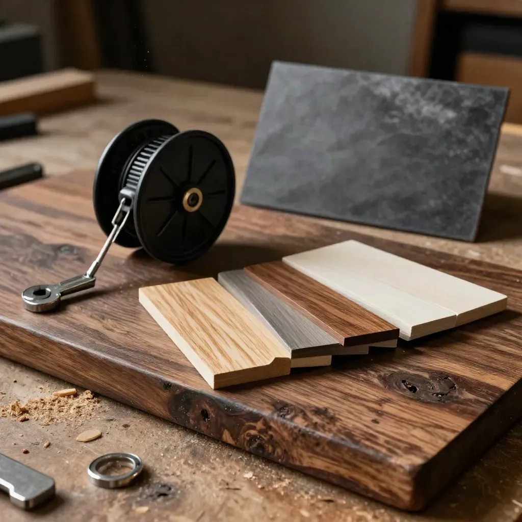 Flooring layout tools and stair nosing samples on a wood workbench in dramatic light