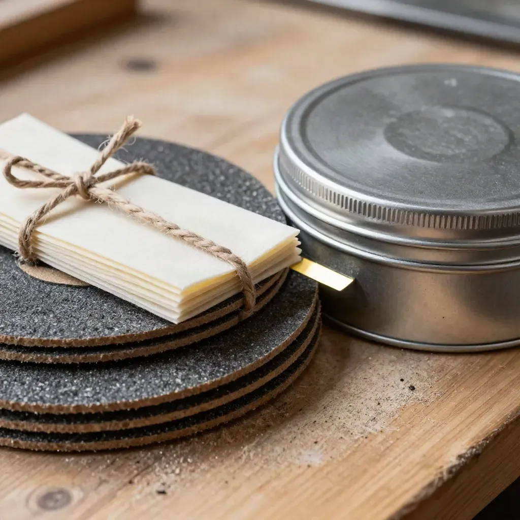 Abrasive discs, tack cloths, and a metal refinish tin on a dusty hardwood workbench.