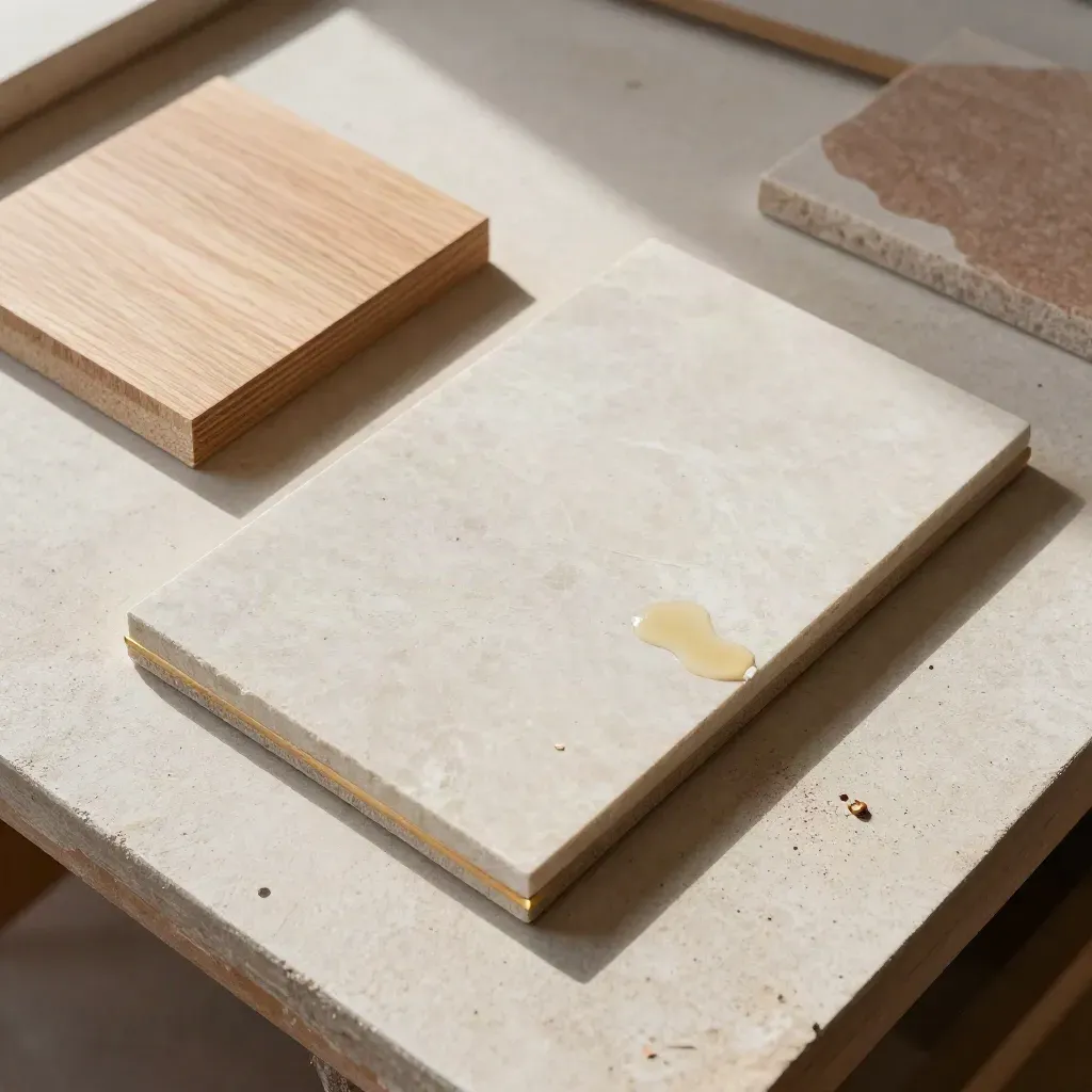 Top-down wood finish chips, veneer sample, stone offcut and brushed gold strip on a workshop bench.
