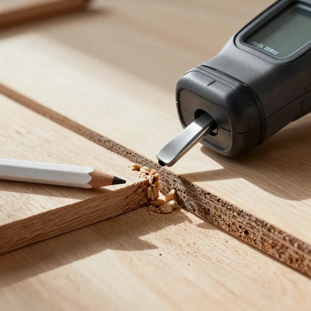 Moisture meter, oak offcut, and chalk pencil on a raw wood slab in soft side light.