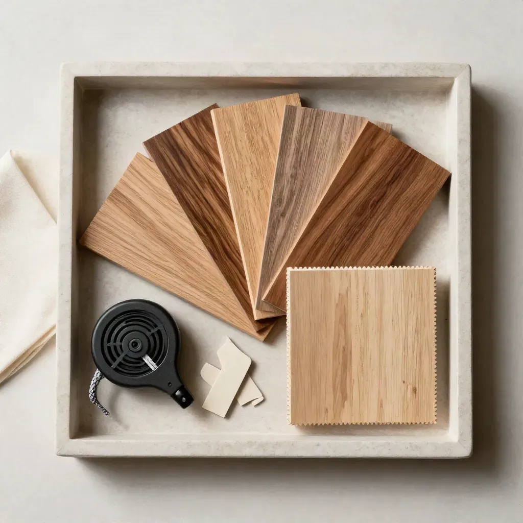Overhead tray with wood species samples, chalk line reel, shim wedges and sample plank on pale stone.