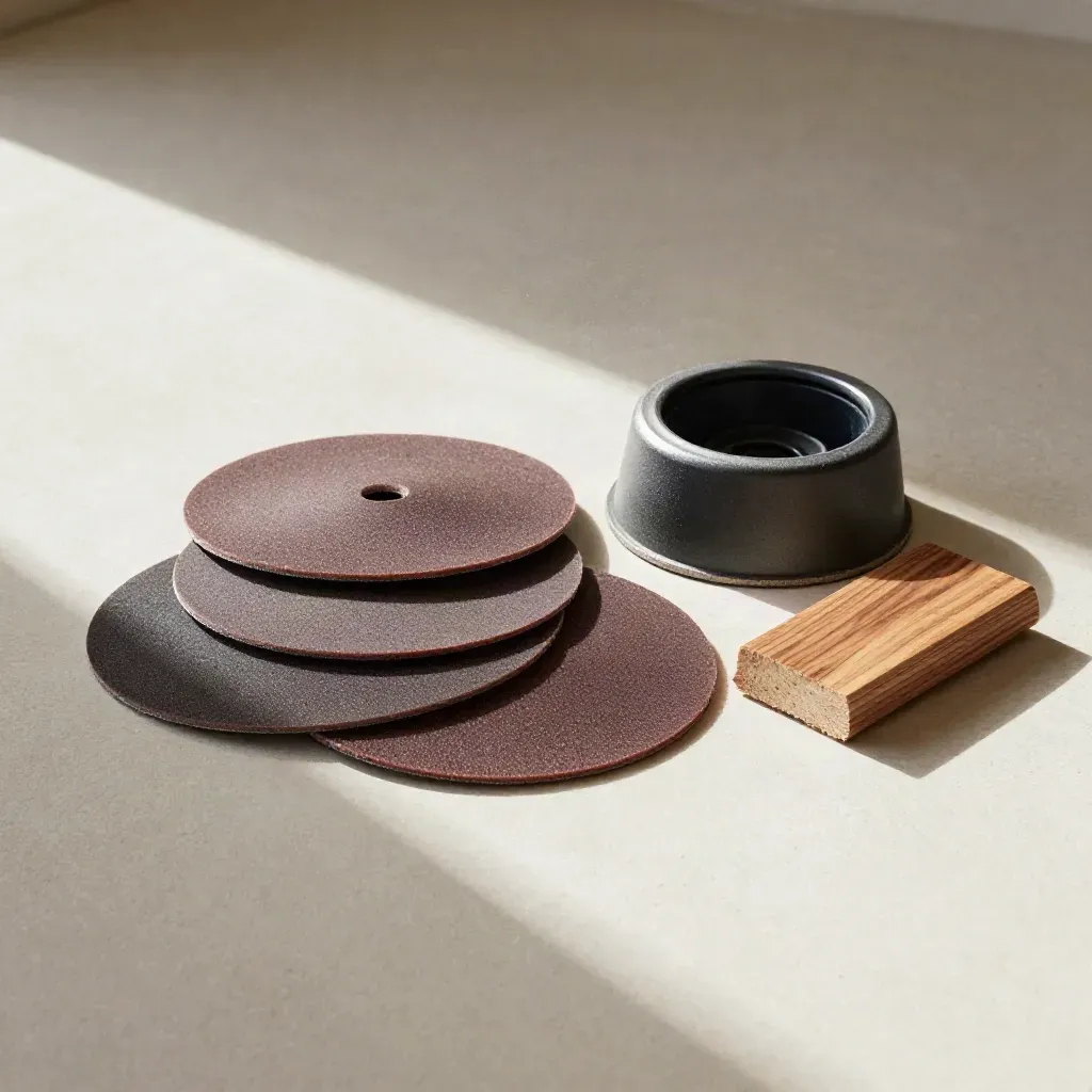 Orbital sander pad, sanding discs, dust port collar, and pine offcuts on a pale plaster floor.
