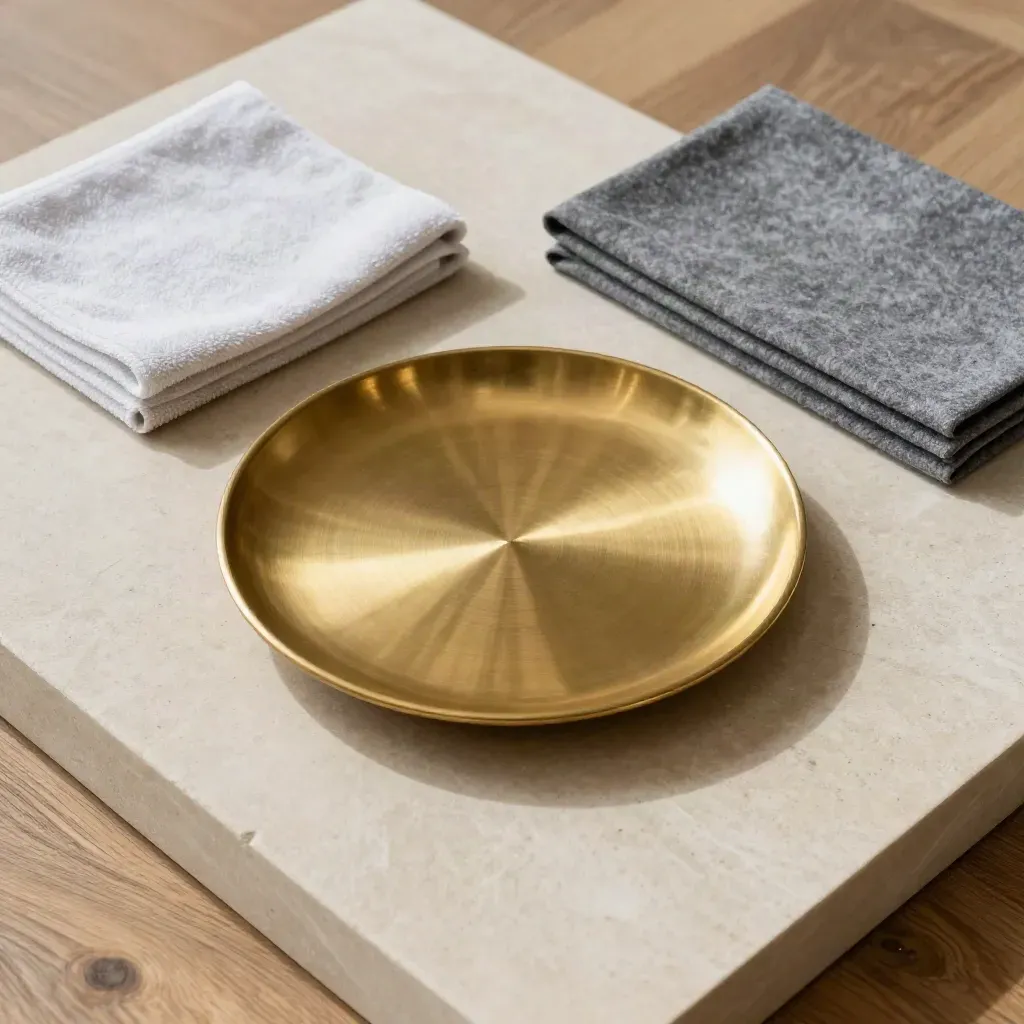 Brass threshold plate with microfiber pad and felt floor protectors on pale stone.