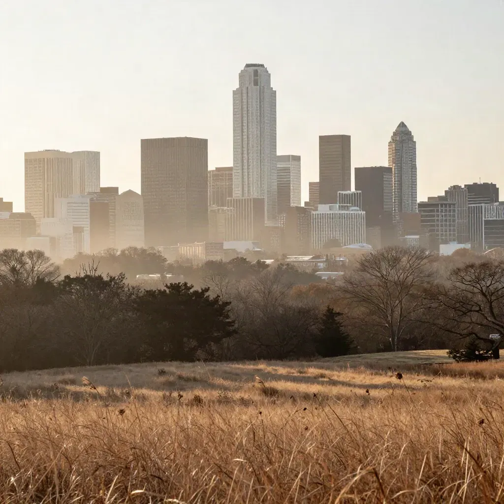 Charlotte skyline above dark trees and a hazy field in warm morning light.