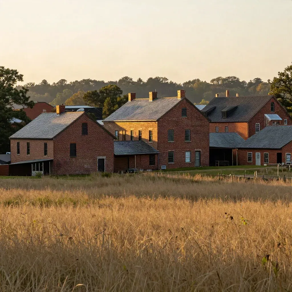 Hazy historic brick mill district above a golden meadow in Fort Mill at sunset.