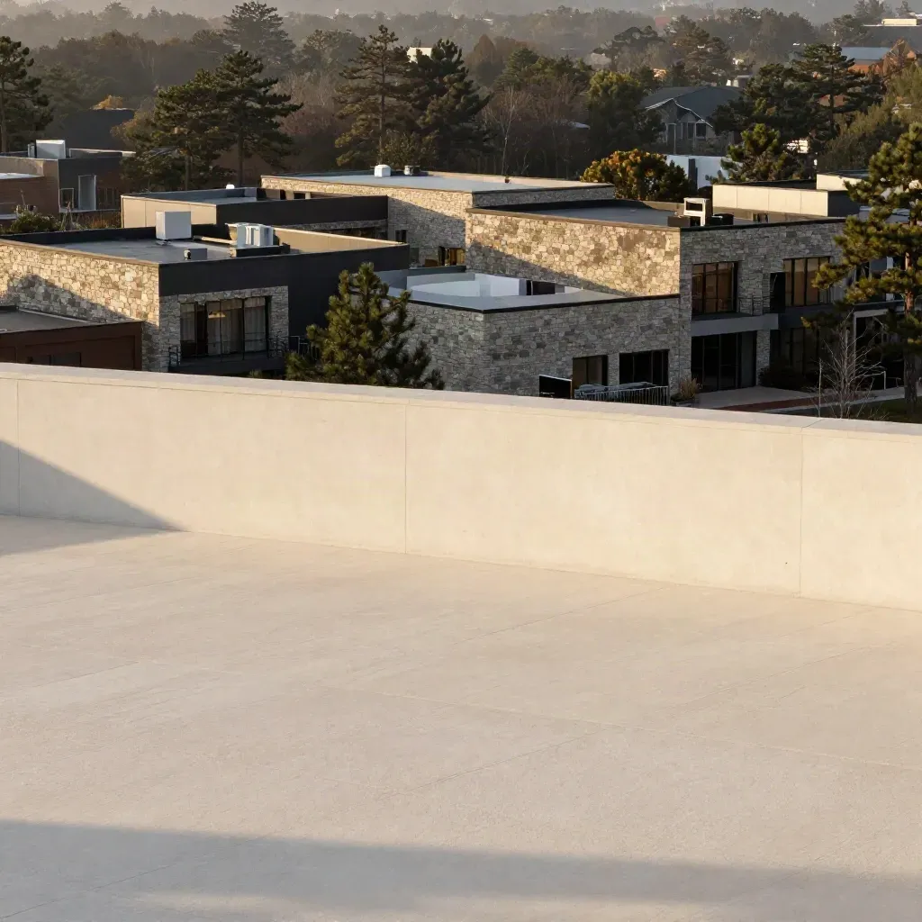 South Charlotte rooftops above a cream stone foreground in evening haze.